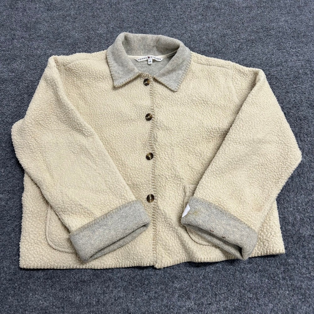 Tommy Hilfiger Jacket Womens Size L Cream Sherpa Fleece Button Up Cozy Casual
